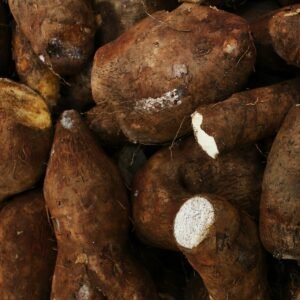 Pile of fresh African yams with white flesh